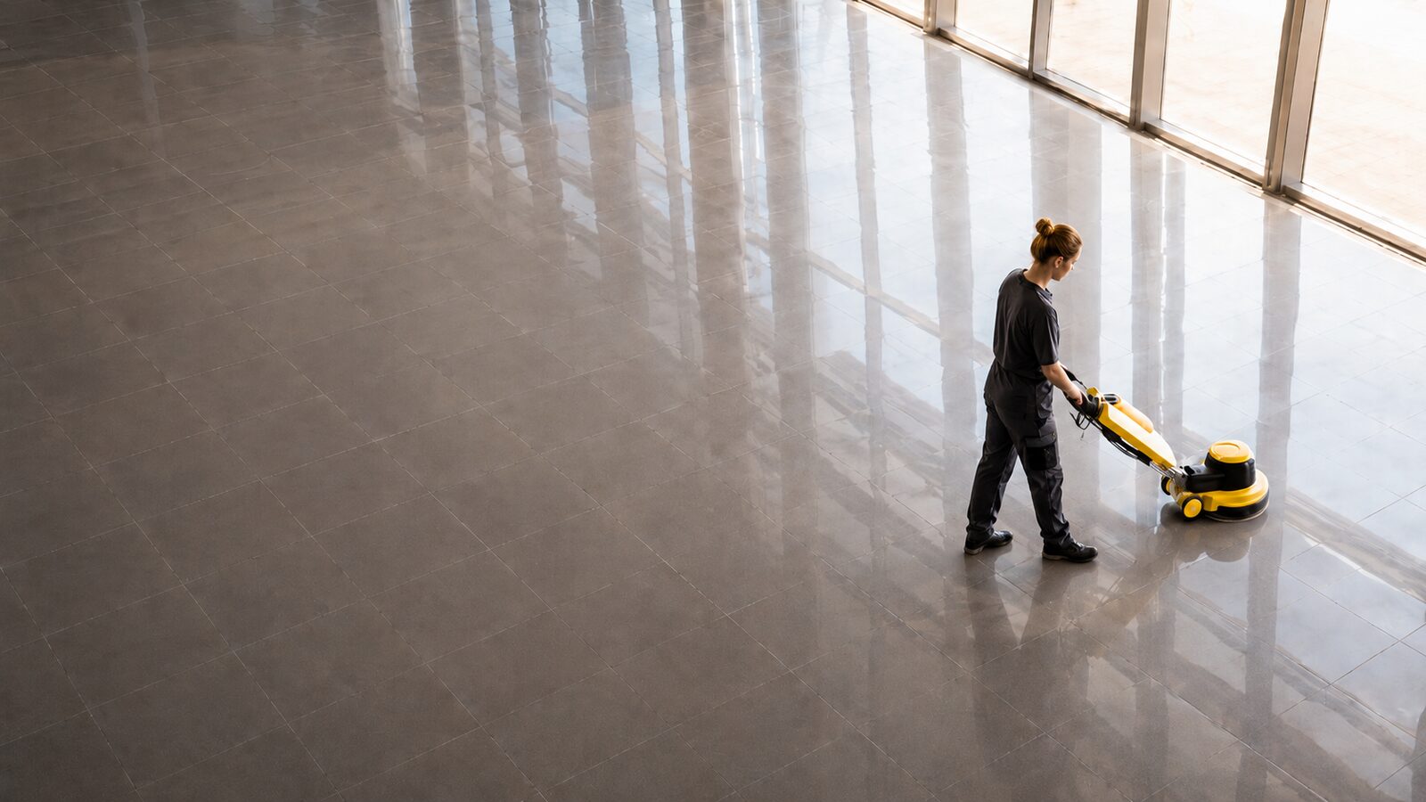 Cleaner polishing a marble lobby floor