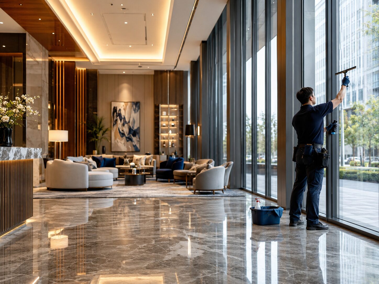 Window cleaner at work in a luxury hotel lobby