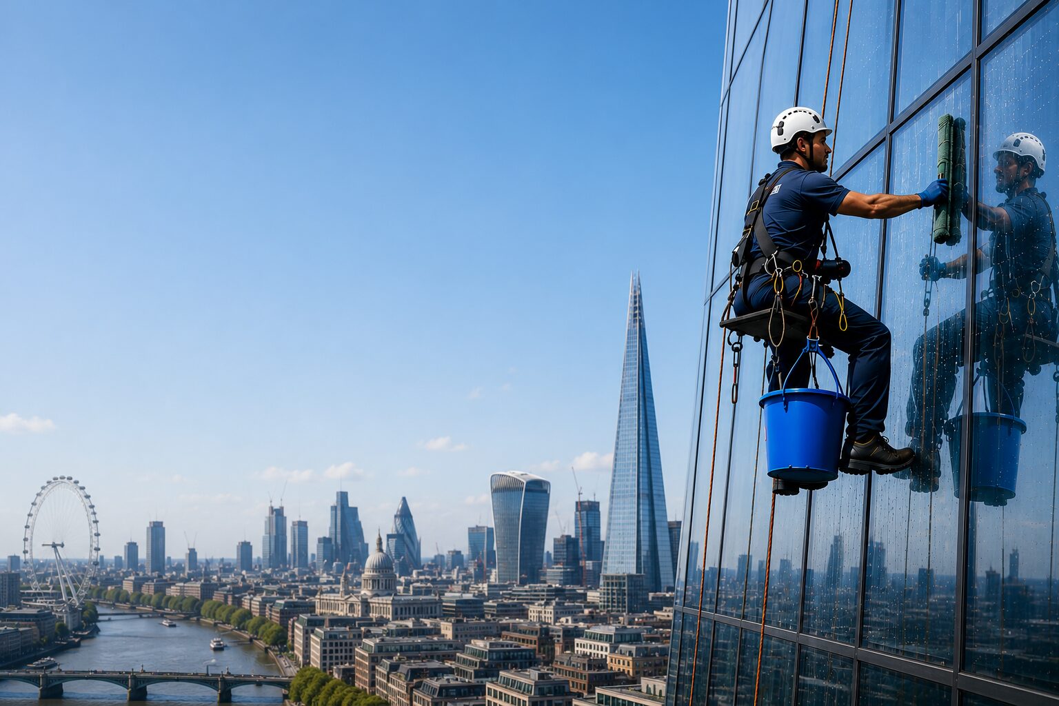 Unique Support Services rope-access window cleaner working on a London high-rise